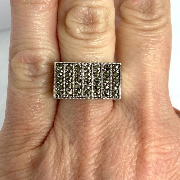 VTG Sterling Silver 925 7 Row Marcasite Rectangular Wide Band Ring Sz 5.5 - Picture 1 of 16
